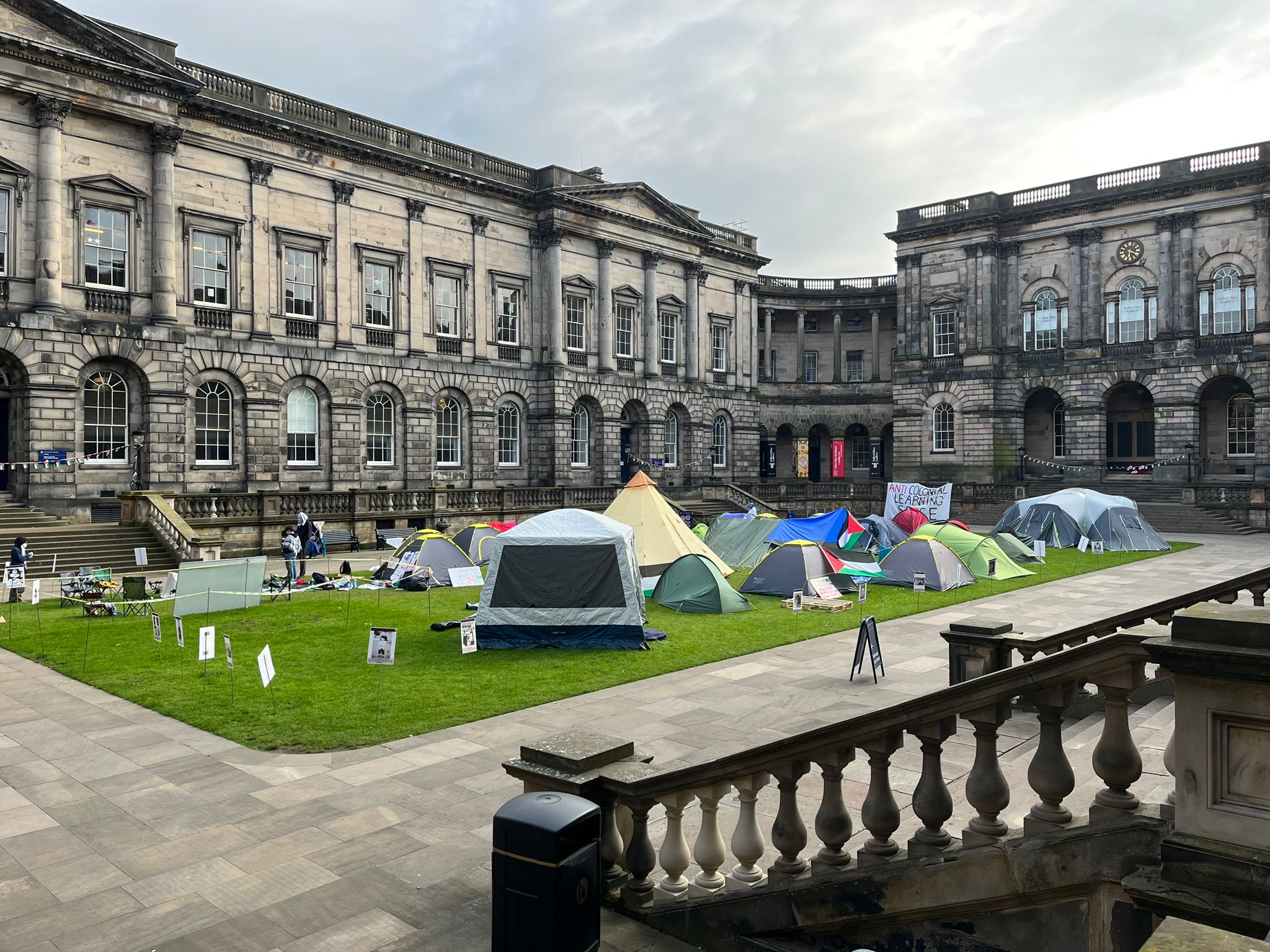 A photo of the student occupation in Old College Quad in protest about the ongoing conflict in Israel and Palestine.