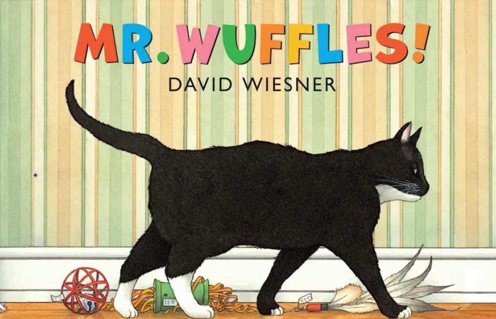 an illustration of a cat with the title 'Mr. Wuffles! David Weisner'