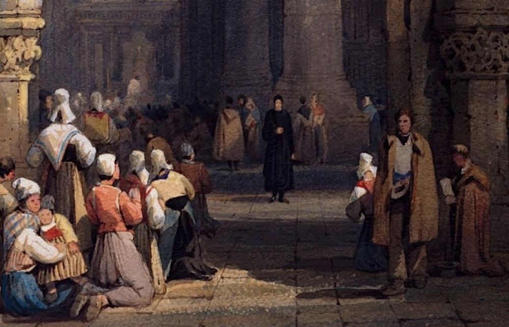 A painting showing a group of people in period clothing gathered inside an architectural setting with stone columns and arches