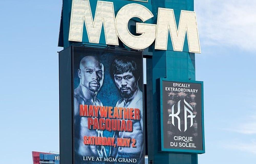 Giant electronic image billboard of Mayweather and Pacquiao