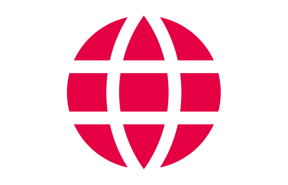 A graphic icon representing a network, featuring a stylized globe made up of interconnected red and white rectangles