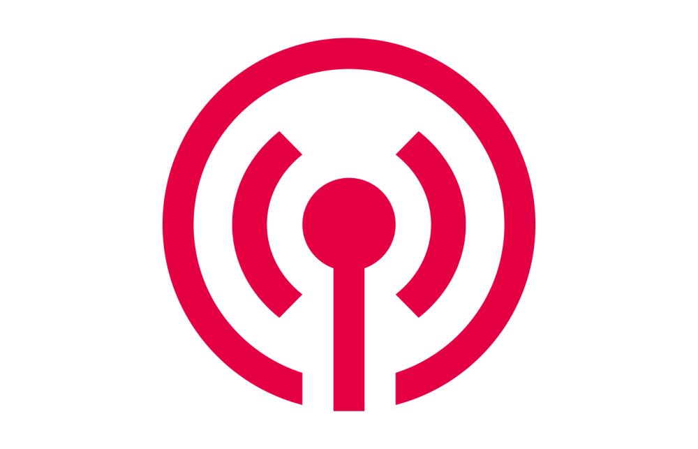 Icon of a podcast microphone inside a concentric circle design, red in color. The microphone is centered and depicted with a simple line art style