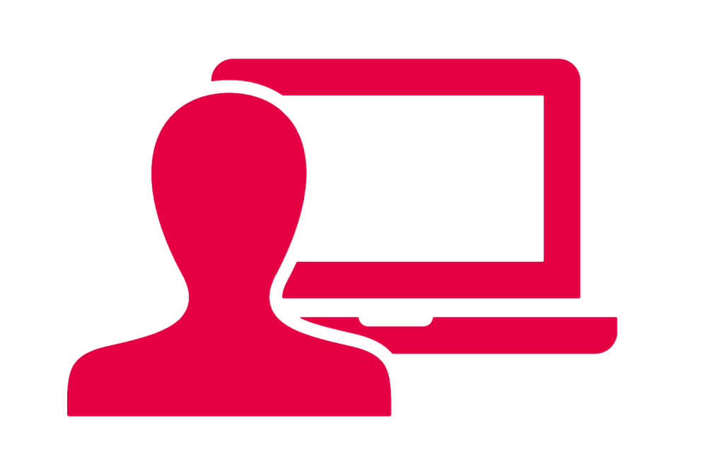 A bold red icon depicting a person in silhouette in front of a laptop with an open screen, symbolizing teaching